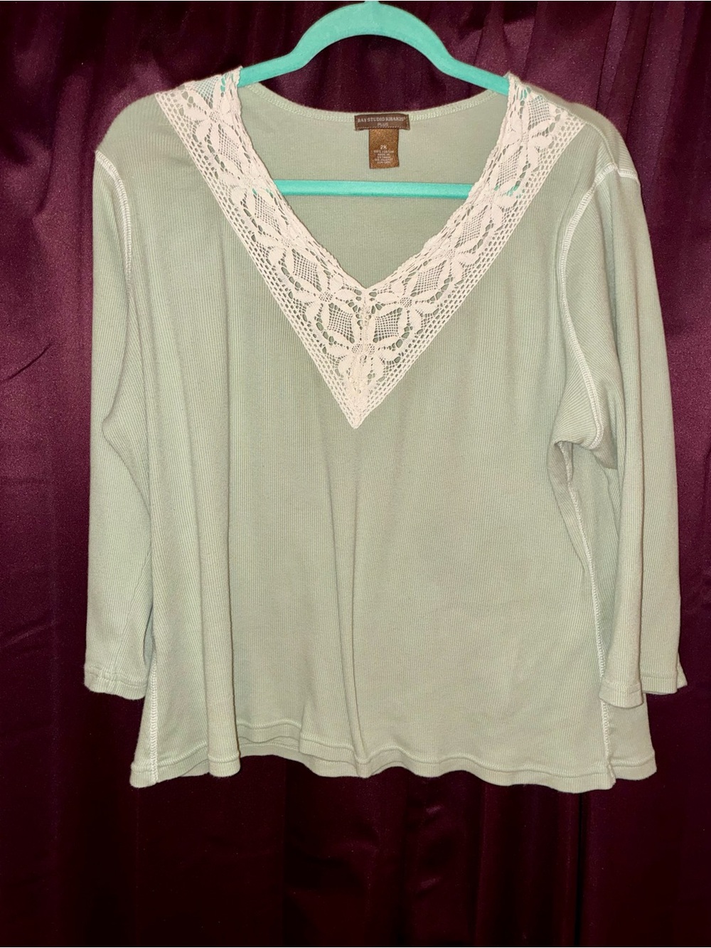 Bay Studio Sage Green Long Sleeve Top with White Lace V-Neck